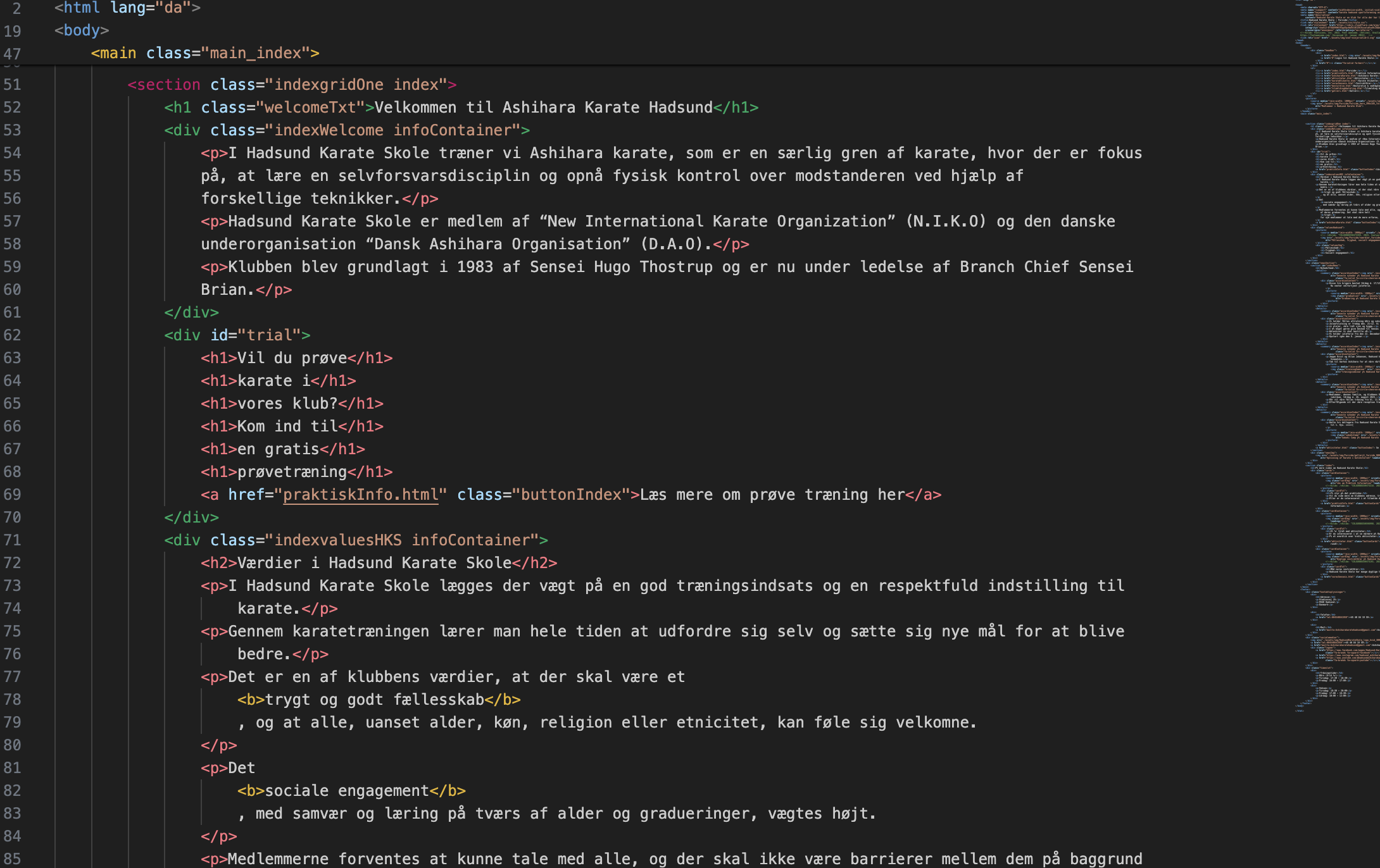 Eksempel fra HTML kode til produktet af Hadsund Karate Skoles nye hjemmeside